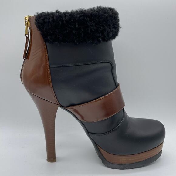Fendi Moorland Two Tone Black Brown Leather Shearling Ankle Bootie Size 36.5 6.5 - Picture 5 of 15